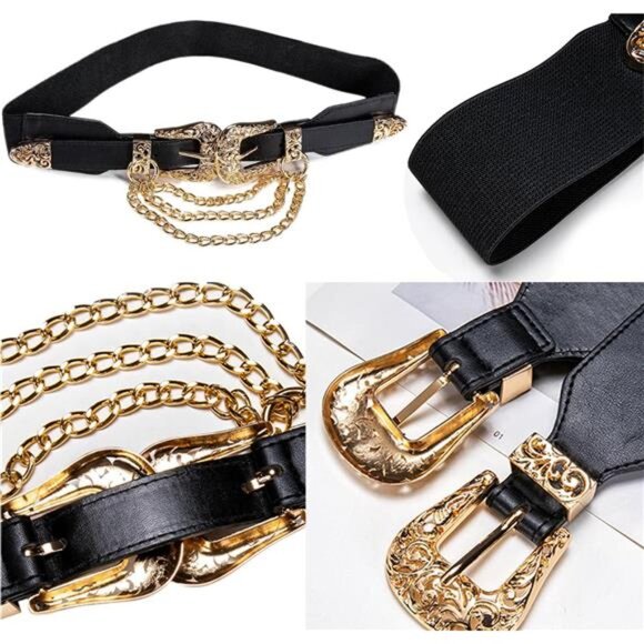 Double Buckle Western Leather Belt – Elastic Waist Floral Carved Belt for Women - Picture 4 of 6